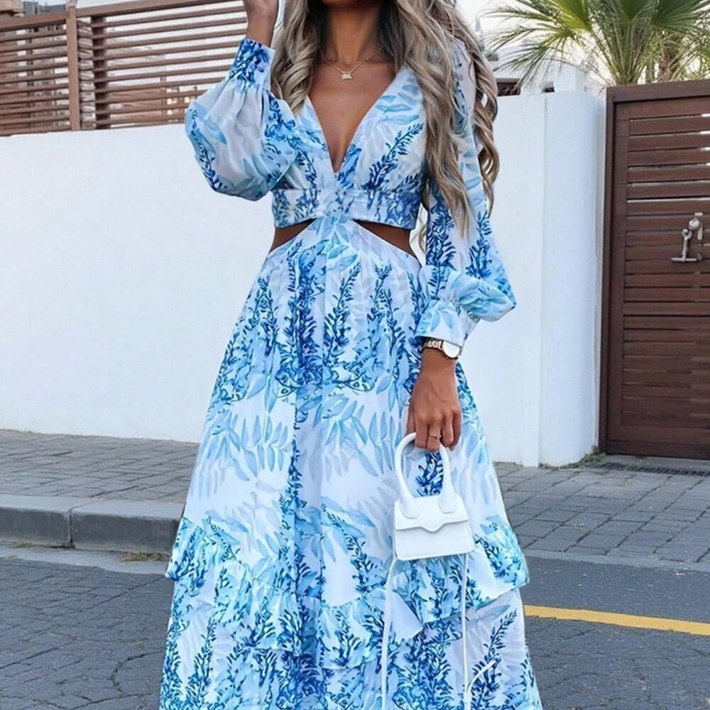 Blue Boho Women's Casual Romantic Vacation Printed Sexy V-Neck Dress